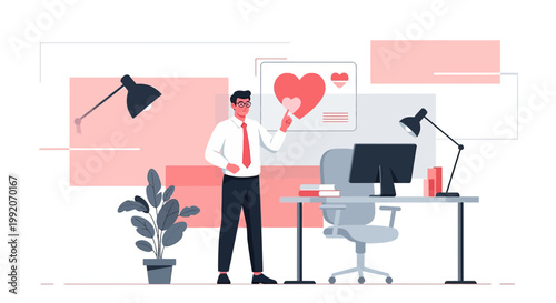 Man Presenting Digital Marketing Strategy with Heart Icon in Modern Office