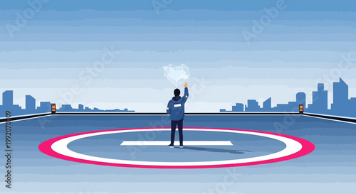 Man on helipad draws abstract heart shape in sky, city skyline background