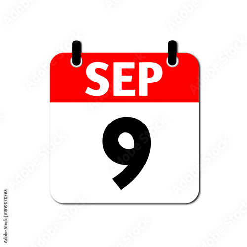 September 9th daily calendar icon. Red and white date planner symbol isolated on black background. Flat vector illustration for autumn event reminder, schedule agenda and back to school concept design