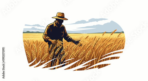 A farmer surveys a golden wheat field under a cloudy sky, examining a handful of grain