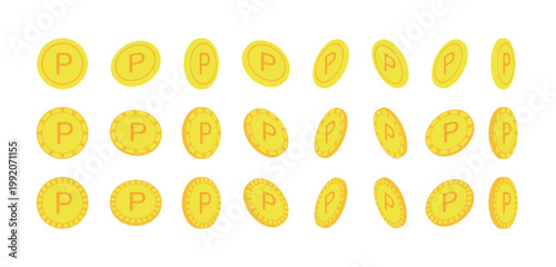 Set of 24 rotating gold coins with letter P. Vector illustration of spinning golden point tokens at different angles for games, finance, and reward programs isolated on white background.
