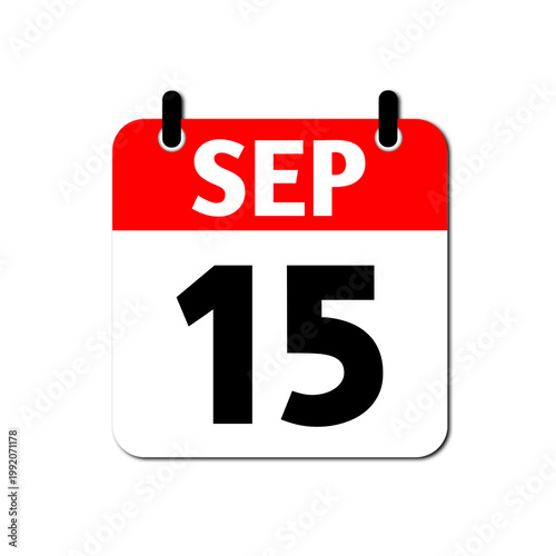 September 15th daily calendar icon. Red and white date planner symbol isolated on black background. Flat vector illustration for autumn event reminder, schedule agenda and back to school concept 
