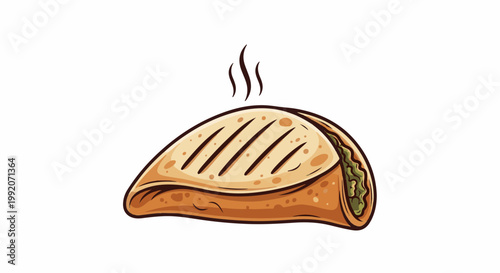 A grilled, folded tortilla filled with green filling, with steam rising