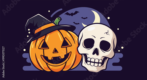 A grinning jack-o'-lantern in a witch hat and a skull are displayed against a dark, starry night sky