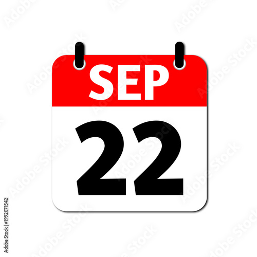 September 22th daily calendar icon. Red and white date planner symbol isolated on black background. Flat vector illustration for autumn event reminder, schedule agenda and back to school concept