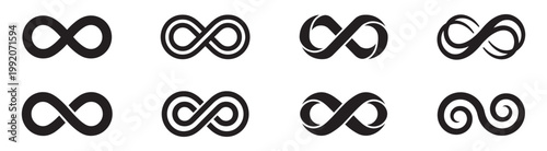Infinity shape icon. Infinity symbols. Set of infinity icons. Symbols of endless, unlimited, eternal. Vector illustration. EPS 10