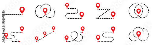 Route with location pins icon set. Set of Dotted Lines and Location Pin. Vector symbols for navigation, map, GPS, travel, destination, route planning, logistics and location tracking concepts. EPS 10