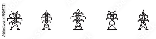 Collection of electric power transmission tower icons, electricity pylons, energy grid symbols, high voltage line illustrations, and related infrastructure elements, including transformers, lightning.