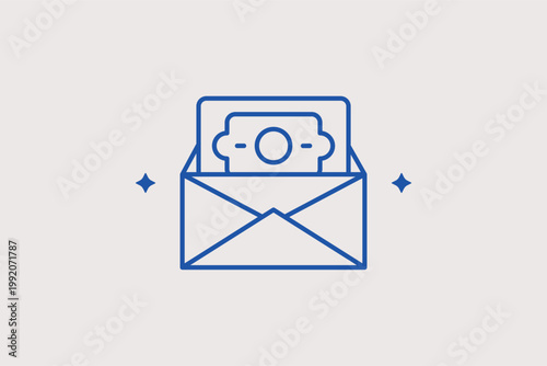 Envelope with dollar bill icon for cash gifts, remittances, or salary payments. Communicative Vector Illustration for dividend announcement emails and direct mail marketing campaigns.
