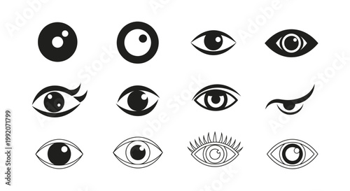 Vector illustration of a black and white cartoon eye set featuring human iris icons and eyebrow designs for vision and beauty logo art