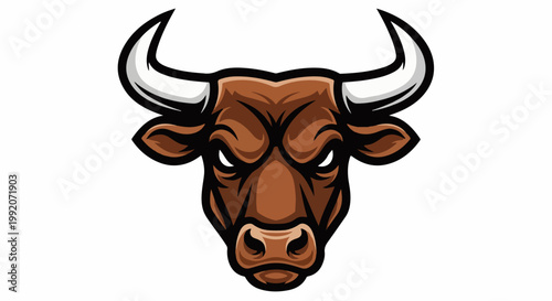 A fierce, cartoon-style bull's head with sharp horns and an intense gaze, rendered in brown and white