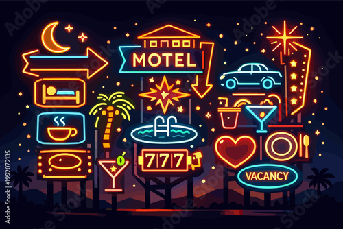 Retro Neon Signs Collection for Vintage Motel and Bar, Glowing Night Advertising Banners with Vacancy, Slot Machine, Cocktail, and Travel Icons, Mid-Century Road Trip Vector Illustration