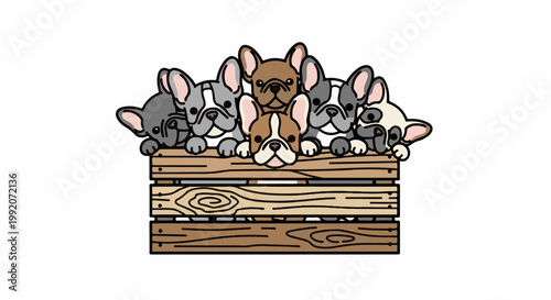 A group of adorable French Bulldogs peeking out from a wooden crate
