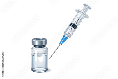 Realistic medical glass vial bottle with blue liquid medicine and plastic syringe with needle. Injector needle into ampoule for pharmaceutical vaccination and healthcare treatment, isolated vector.