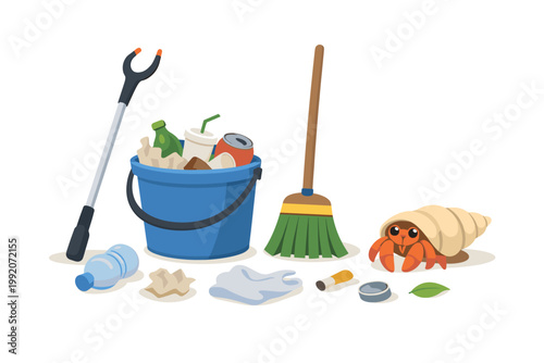 Environmental cleanup vector illustration featuring a grabber, blue bucket filled with garbage, broom, and scattered litter like plastic bottles and bags, with a cute hermit crab in a shell.