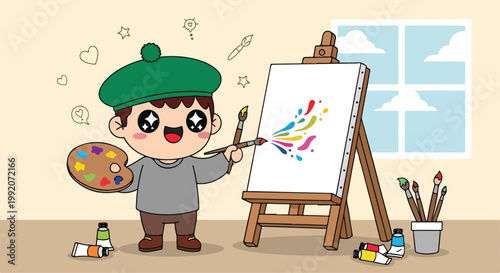 Cute child artist painting colorful abstract artwork on easel in cozy room with large window