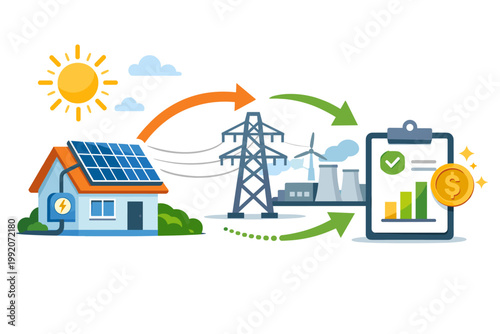 Solar Energy Export to Power Grid and Billing Credit Workflow Illustration. House with Solar Panels Generating Renewable Electricity, Connecting to Utility Grid for Net Metering and Cost Savings.