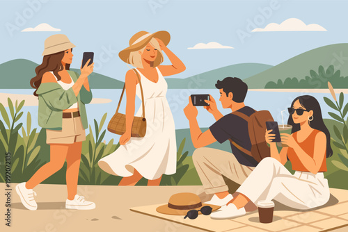 Stylish Group of Friends Taking Photos and Creating Content Outdoors by a Scenic Lake; Young People Using Smartphones for Social Media Photography during a Summer Vacation Trip Illustration.