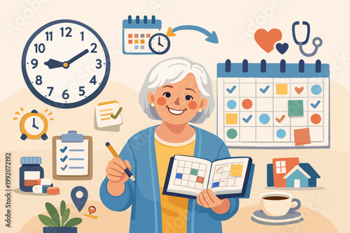 Smiling elderly woman planning her day and medical appointments with a calendar and clock. Concept of time management, senior healthcare organization, and active aging lifestyle illustration.