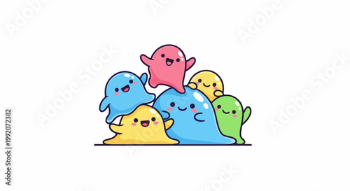 A group of brightly colored, cheerful blob-like characters piled together