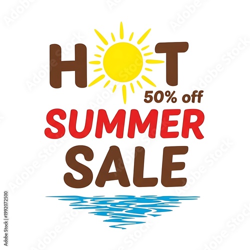 Hot summer sale with 50 percent off and sun over water