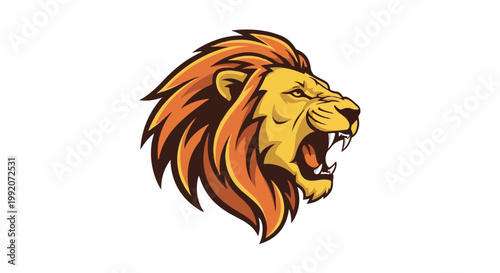 A fierce, roaring lion head with a flowing mane in shades of orange and yellow