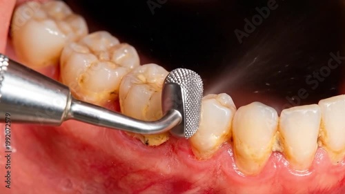 Professional dental cleaning procedure with an ultrasonic scaler on human teeth, suitable for medical education, dental hygiene, health care, and clinics.