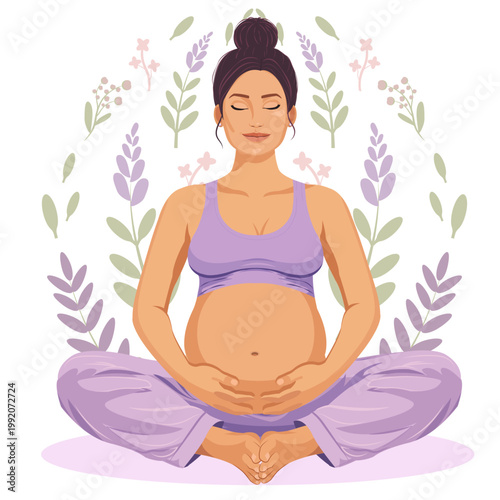 Calm pregnant woman practicing yoga in lotus pose with hands on belly. Prenatal meditation and wellness concept with soft pastel colors and floral background.
