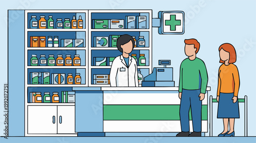 Pharmacist assisting customers at a pharmacy counter with medical supplies