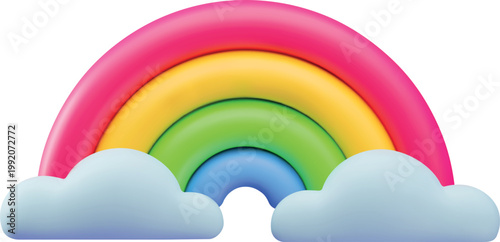 Rainbow with clouds 3D plastic style vector illustration, colorful rainbow arch summertime heaven weather phenomenon