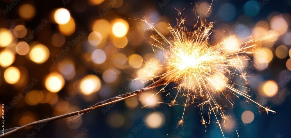 Fototapeta premium The Sparkler Casting Golden Sparks Against Soft Bokeh Lights in a Festive Night Scene
