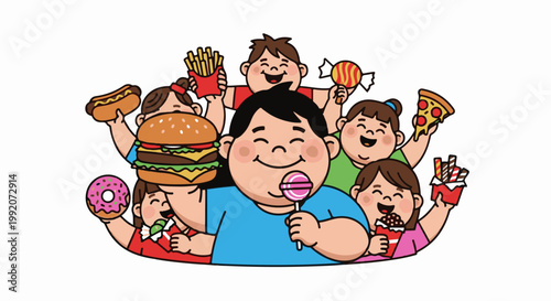 A group of children joyfully indulge in various unhealthy snacks, celebrating