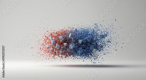 Disintegration of an ordered structure into randomized particles on a blank void, visualizing the fundamental scientific law of increasing disorder, structure, concept, fundamental