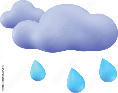 Cloud and rain sign 3D plastic style, vector cartoon cloudy rainy weather forecast symbol, realistic volume meteorology