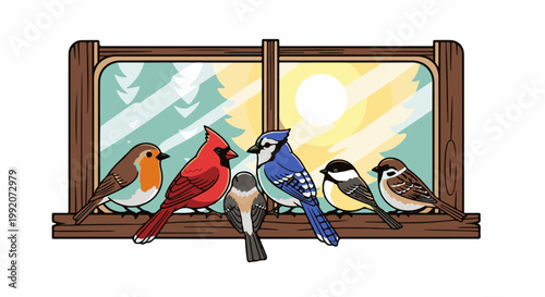 A group of colorful birds perch on a windowsill, silhouetted against a sunny winter landscape