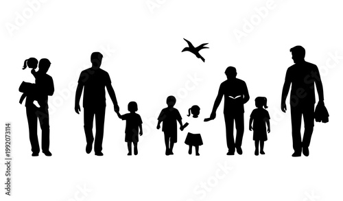 Father with kids silhouette collection for fathers day vector illustration with dad and children poses isolated on white