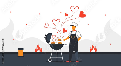 Chef grilling burgers with love hearts, outdoor BBQ, summer cooking, romantic food concept