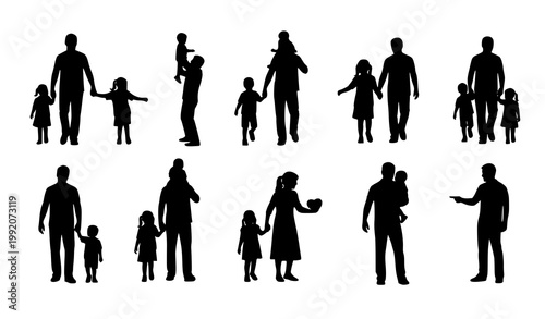 Happy fathers day silhouette vector set with dad son and daughter family moments isolated on white background