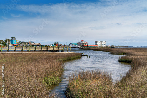view of the salt marsh and historic downtown of Southport on the Intracoastal Waterway