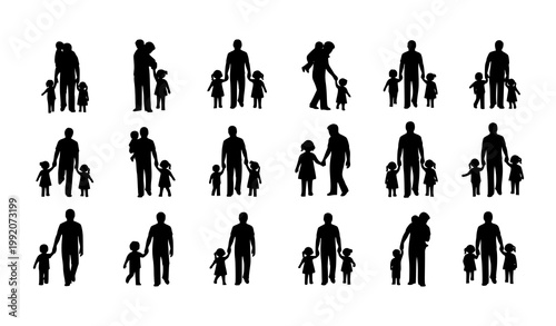 Fathers day silhouette icon set with dad son and daughter family poses isolated on white background