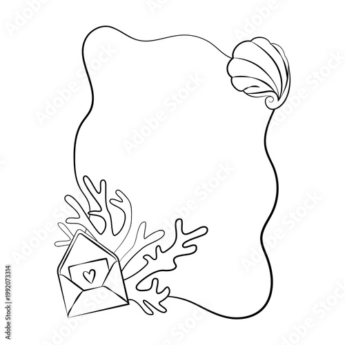 Hand-drawn frame card template with seashell, coral and love letter graphic illustration for wedding decor, card, menu, invitation