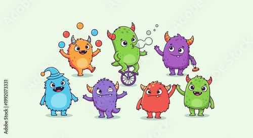 A group of colorful, cartoon monsters with horns and varied expressions engage in playful activities