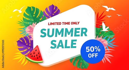 Vibrant summer sale advertisement with tropical leaves and fruit