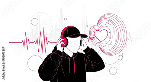 Man Listening to Music with Heartbeat Soundwaves and Abstract Shapes