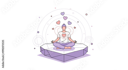 Man meditating in lotus pose with hearts floating, symbolizing love and inner peace