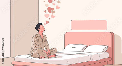 Man Meditating on Bed, Dreaming of Love, Hearts Floating Upwards