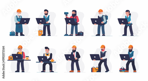 A group of diverse professionals, all utilizing laptops in an organized setting, some wearing hard hats