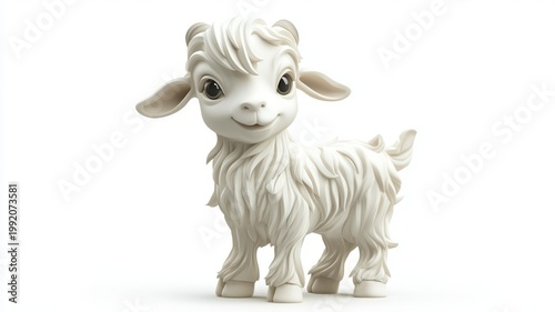 Long-haired shaggy white baby goat figurine standing on white background