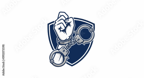 A fist within handcuffs, emerging from a shield