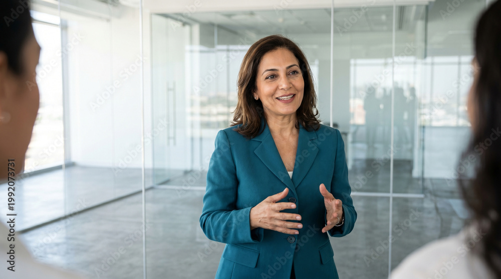 Obraz premium Experienced female executive smiling while speaking confidently in modern glass office, conveying leadership and approachability